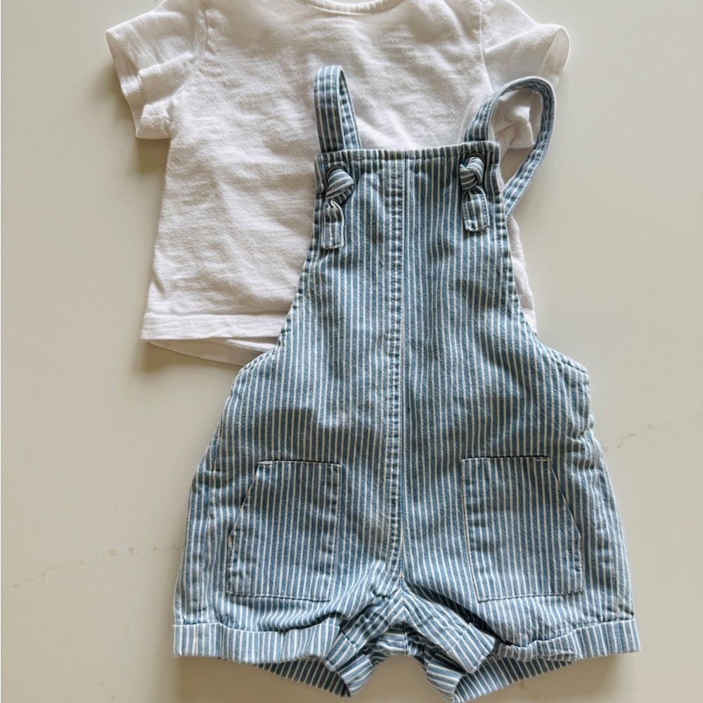 Blue Striped Short Overalls with Rolled Cuffs